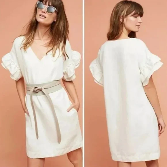Anthropologie | Dresses | Anthropologie Maeve Lottie White Linen Flutter  Sleeve Dress | Poshmark